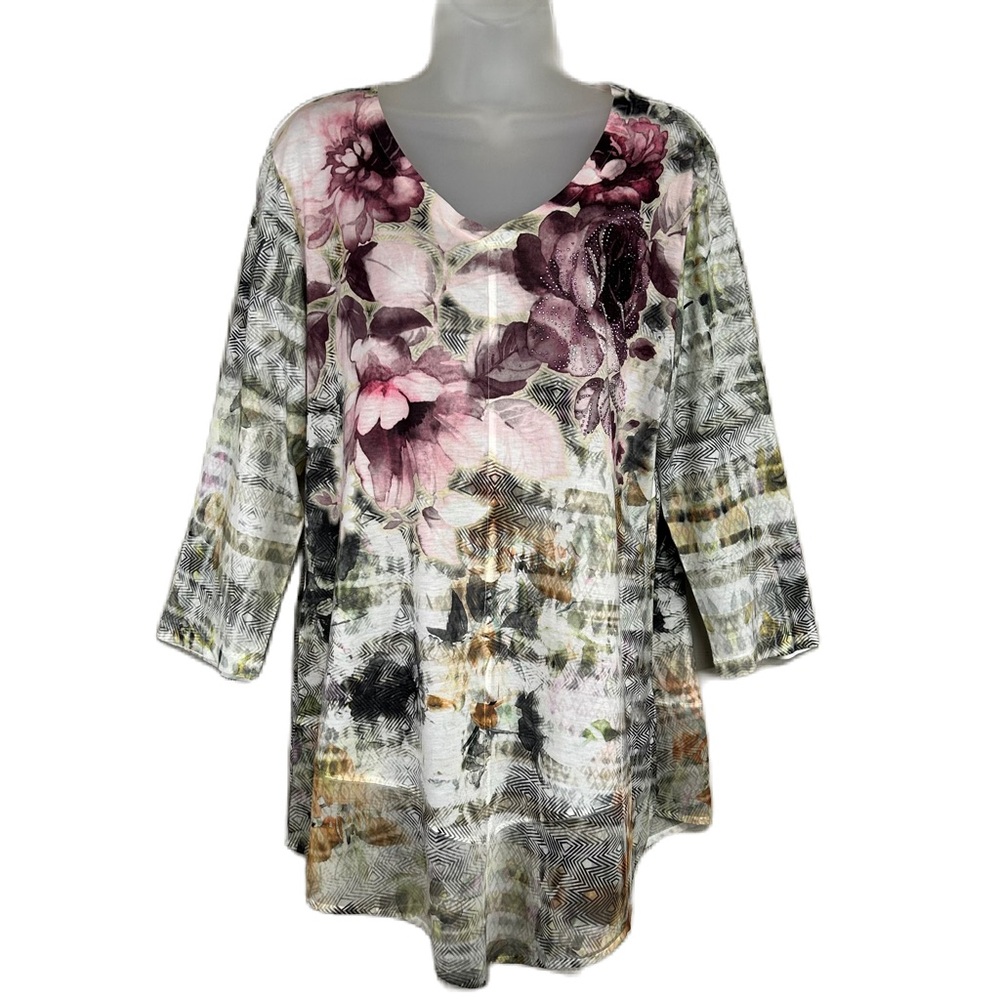 Christopher‎ Banks Floral Top Size L Sparkle Embellished V Neck 3/4 Sleeve Fairy